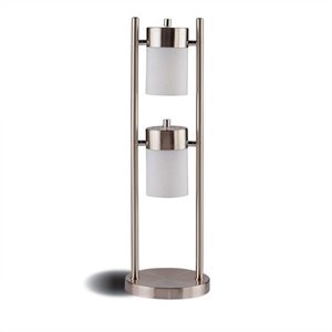 coaster table lamp with white frosted shades in silver