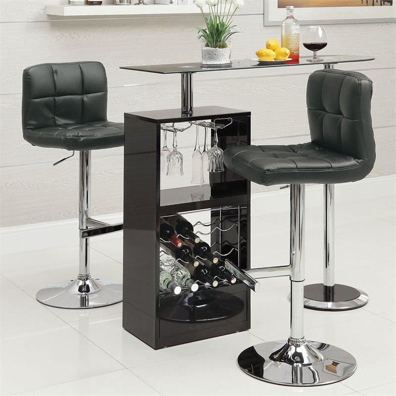 Coaster Glass Top Pub Table with Wine Storage in Glossy Black