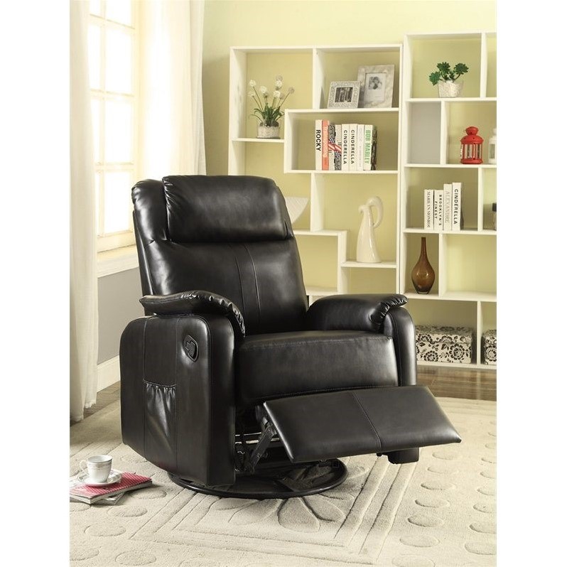 Coaster Faux Leather Swivel Glider Recliner with Side Pocket in Brown