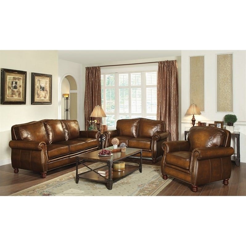 Coaster Montbrook 3 Piece Leather Sofa, Brown Leather Couch And Chair Set