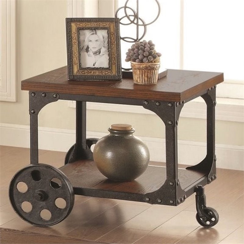 Coaster Square Mobile End Table in Rustic Brown and Dark Metal