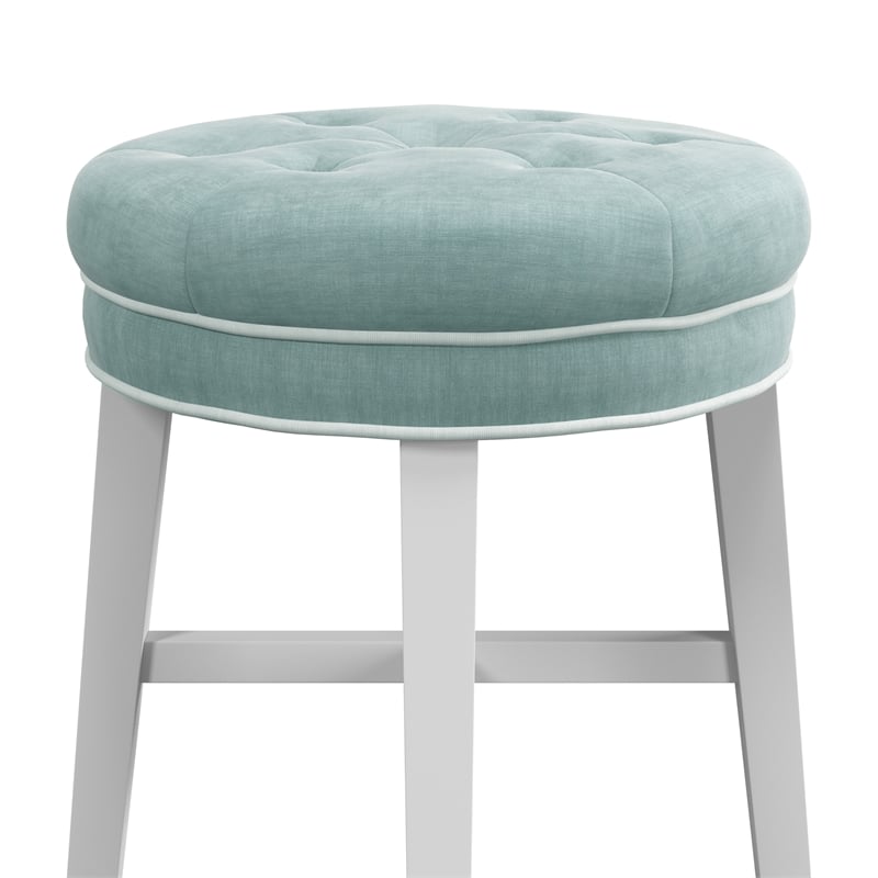 Hillsdale Sophia Tufted Backless Wood Vanity Stool White with Spa Blue Fabric
