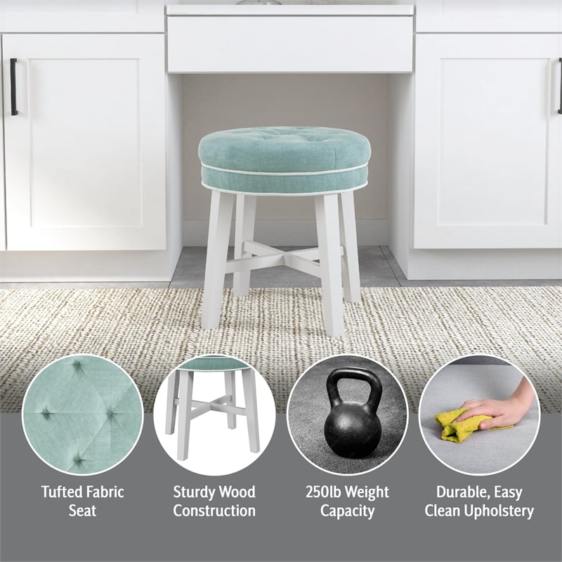 Hillsdale Sophia Tufted Backless Wood Vanity Stool White with Spa Blue Fabric