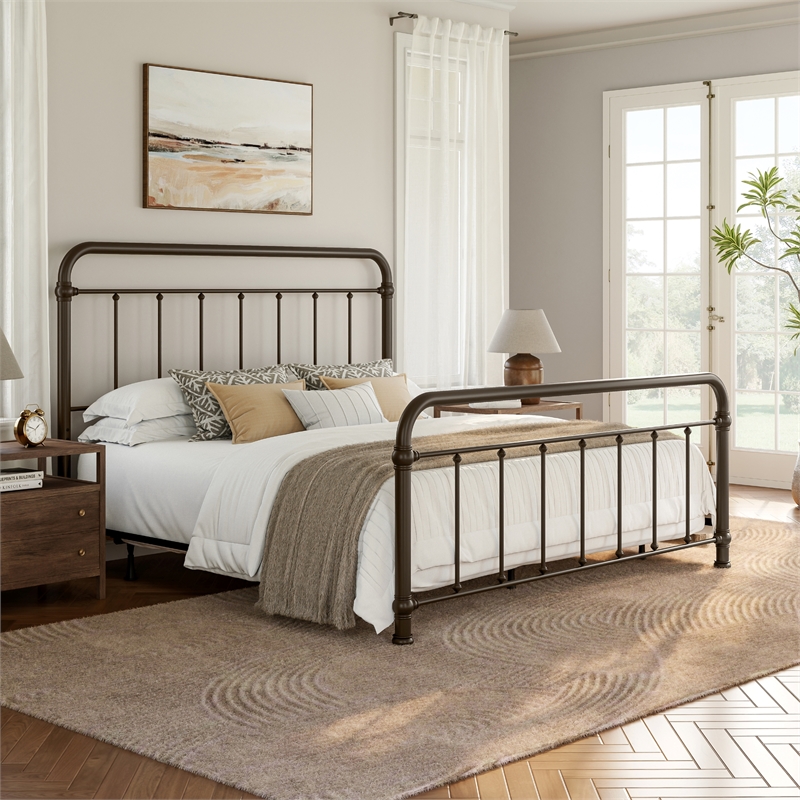 Hillsdale Kirkland King Metal Spindle Panel Bed in Dark Bronze