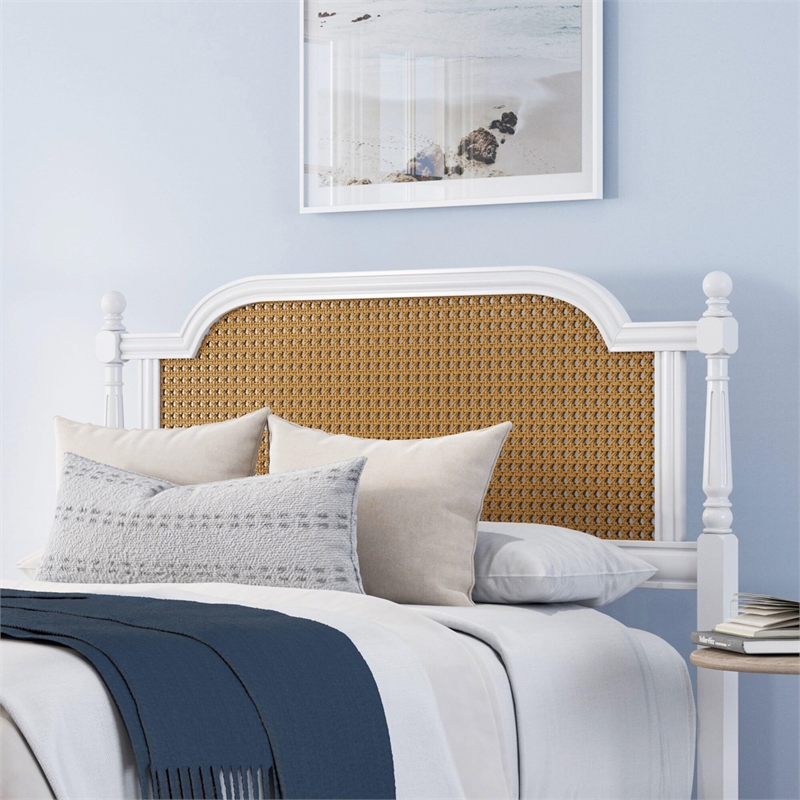 Hillsdale Melanie Coastal Wood and Cane Queen Headboard in White