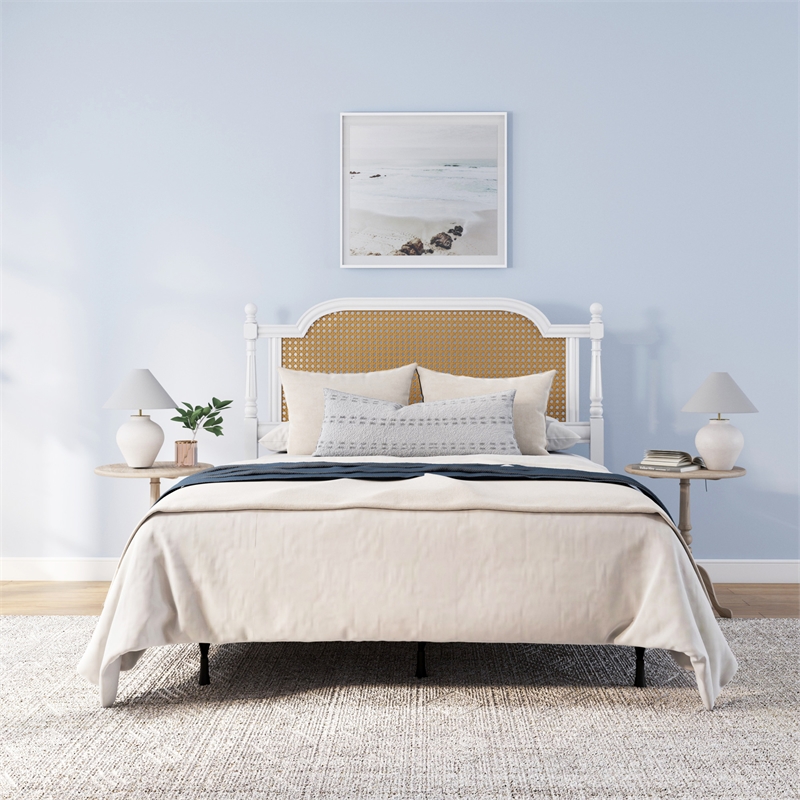 Hillsdale Melanie Coastal Wood and Cane Queen Headboard with Frame in White
