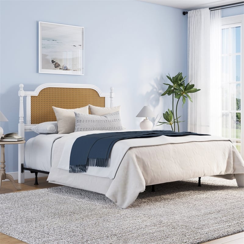 Hillsdale Melanie Coastal Wood and Cane Queen Headboard with Frame in White