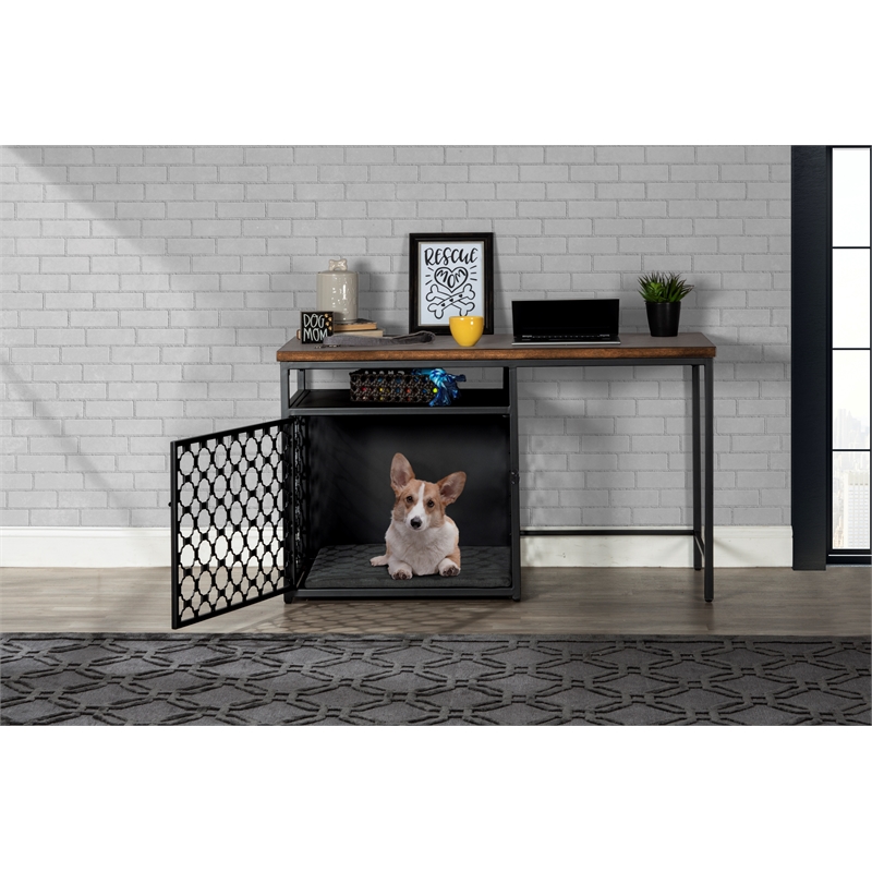 Hillsdale Pet Crate Metal Desk with Crate Pad in Black with Silver
