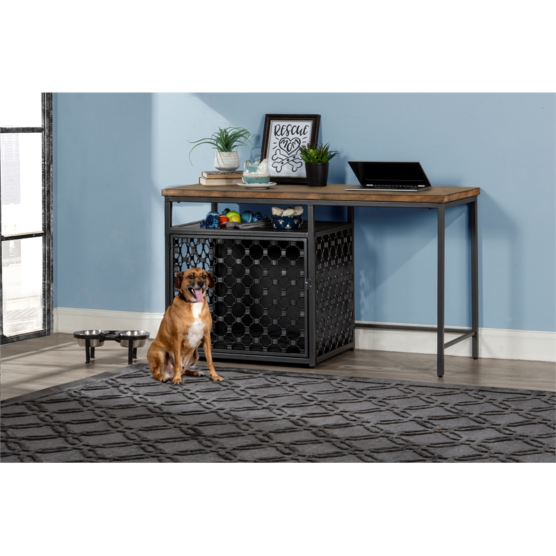 Hillsdale Pet Crate Metal Desk with Crate Pad in Black with Silver