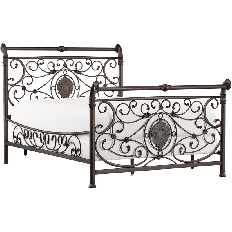 Hillsdale Mercer Queen Scrolled Metal Sleigh Bed in Antique Brown 1039BQR