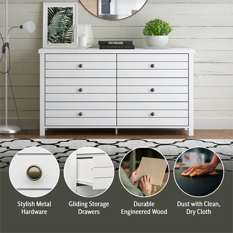 Hillsdale Harmony 6-Drawer Coastal Wood Bedroom Dresser in White