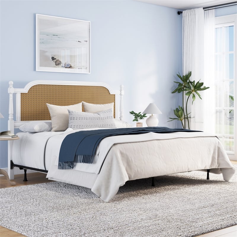 Hillsdale Melanie Coastal Wood and Cane King Headboard with Frame in White