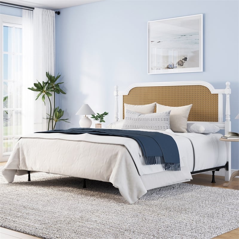 Hillsdale Melanie Coastal Wood and Cane King Headboard with Frame in White