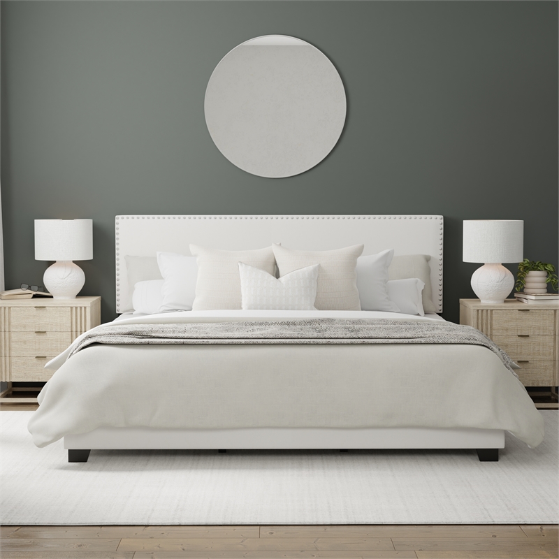 Hillsdale Gayle Nail Head Trim Upholstered King Bed White Faux Leather