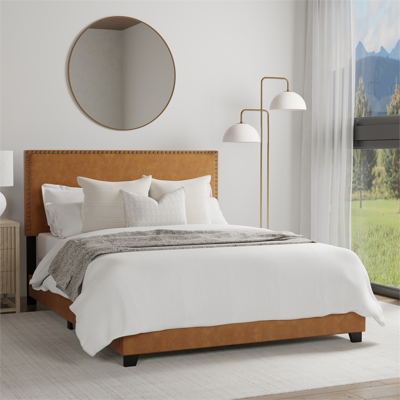 Hillsdale Gayle Nail Head Trim Queen Upholstered Bed Saddle Brown Faux Leather