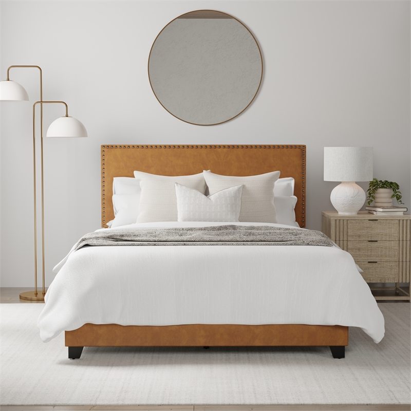 Hillsdale Gayle Nail Head Trim Queen Upholstered Bed Saddle Brown Faux Leather