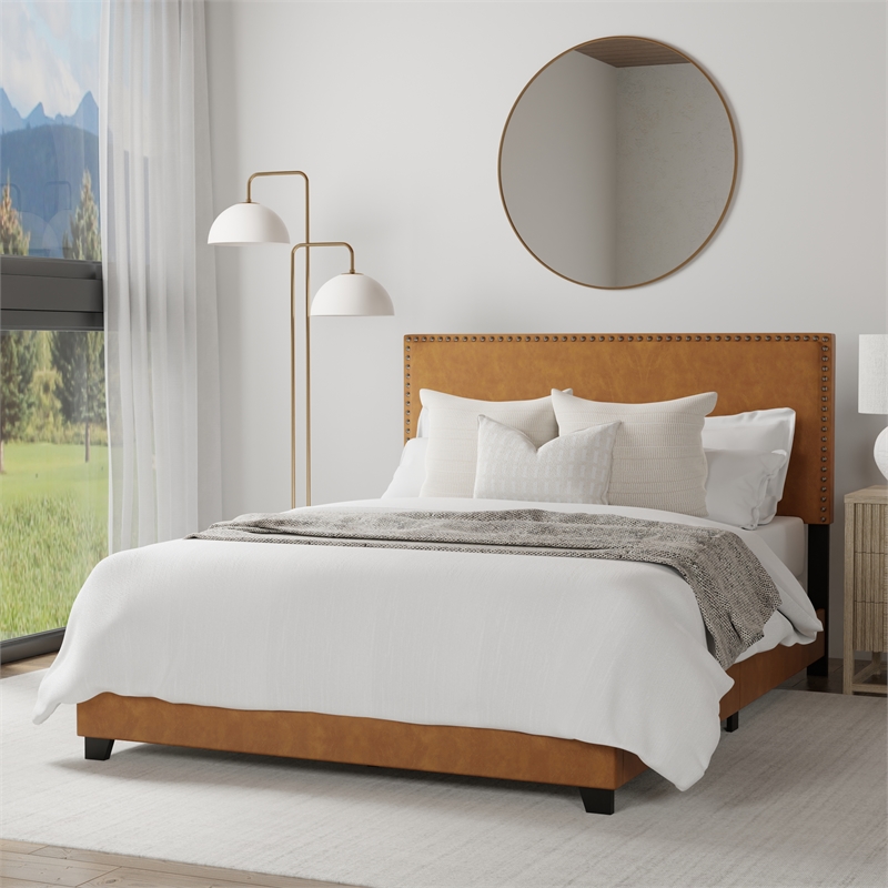 Hillsdale Gayle Nail Head Trim Queen Upholstered Bed Saddle Brown Faux Leather