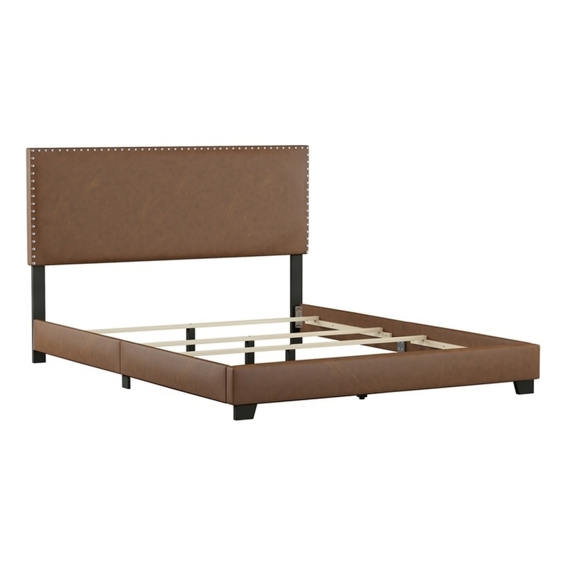 Hillsdale Gayle Nail Head Trim Queen Upholstered Bed Saddle Brown Faux Leather