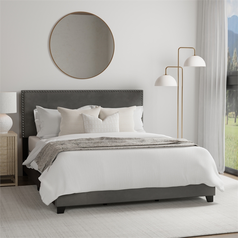 Hillsdale Gayle Nail Head Trim Queen Upholstered Bed Charcoal Gray Faux Leather