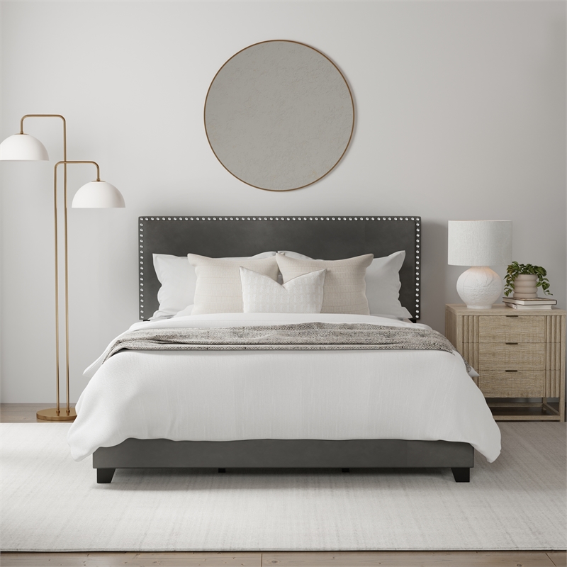 Hillsdale Gayle Nail Head Trim Queen Upholstered Bed Charcoal Gray Faux Leather