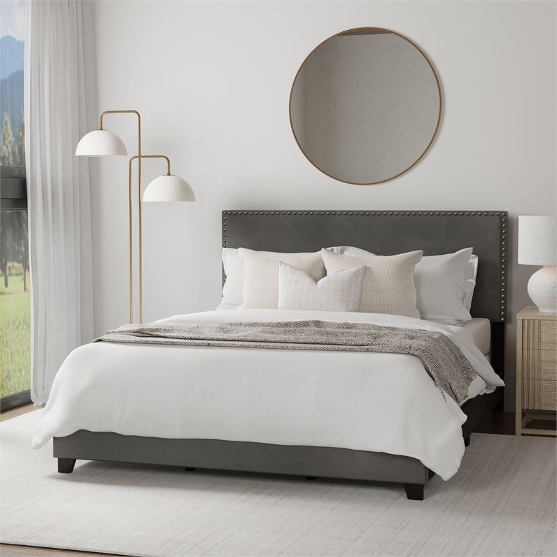 Hillsdale Gayle Nail Head Trim Queen Upholstered Bed Charcoal Gray Faux Leather