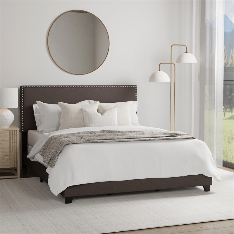Hillsdale Gayle Nail Head Trim Queen Upholstered Bed Gray Charcoal Fabric