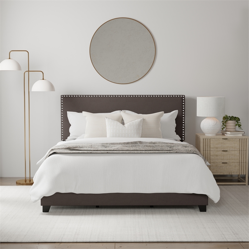 Hillsdale Gayle Nail Head Trim Queen Upholstered Bed Gray Charcoal Fabric