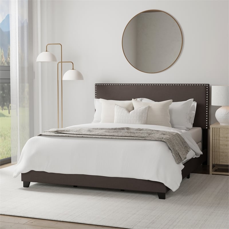 Hillsdale Gayle Nail Head Trim Queen Upholstered Bed Gray Charcoal Fabric