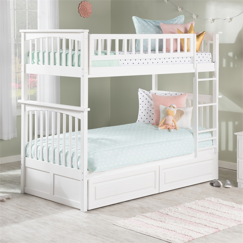 AFI Columbia Twin Over Twin Solid Wood Bunk Bed with 2 Storage Drawers in White