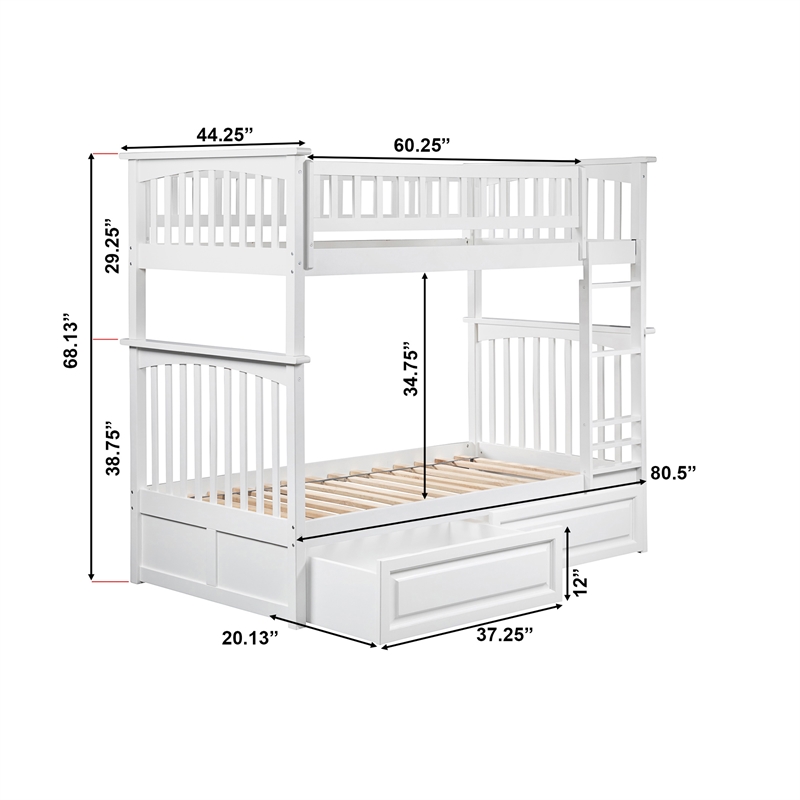 AFI Columbia Twin Over Twin Solid Wood Bunk Bed with 2 Storage Drawers in White