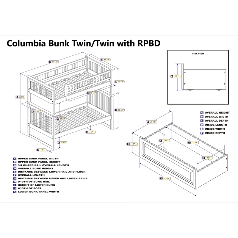 AFI Columbia Twin Over Twin Solid Wood Bunk Bed with 2 Storage Drawers in White