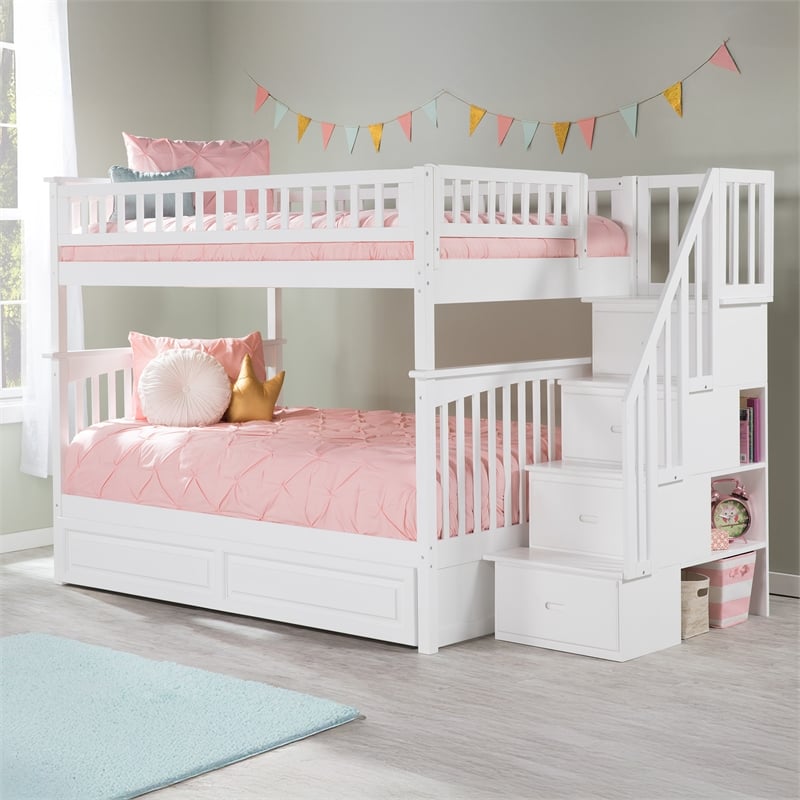 AFI Columbia Full Over Full Wood Staircase Trundle Bunk Bed in White