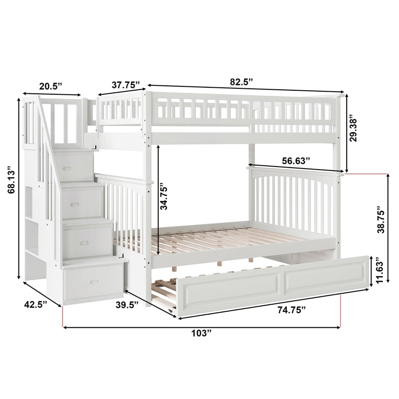 AFI Columbia Full Over Full Wood Staircase Trundle Bunk Bed in White