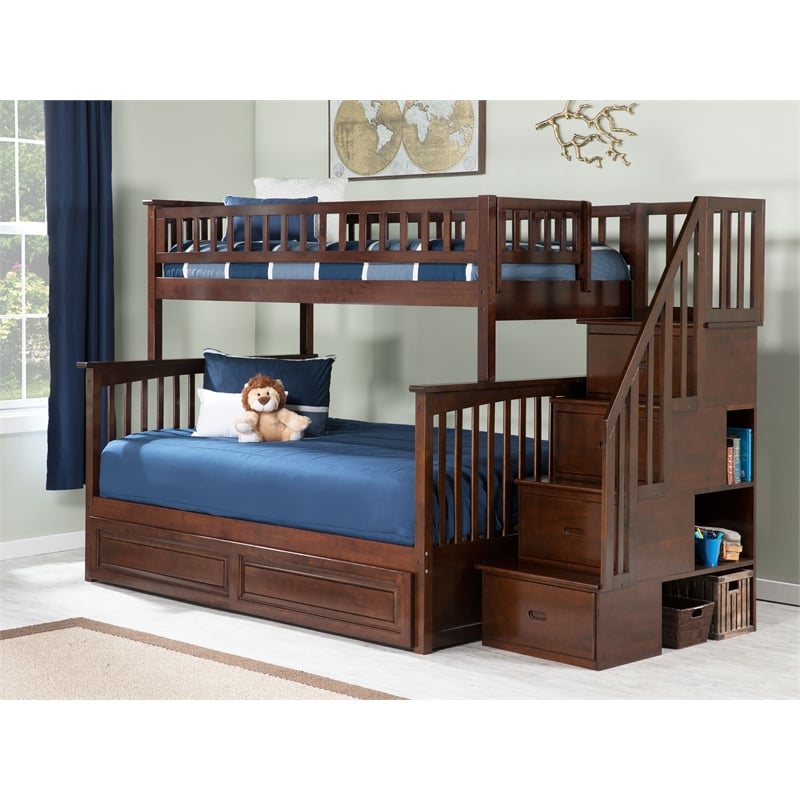 AFI Columbia Twin Over Full Wood Staircase Trundle Bunk Bed in Walnut