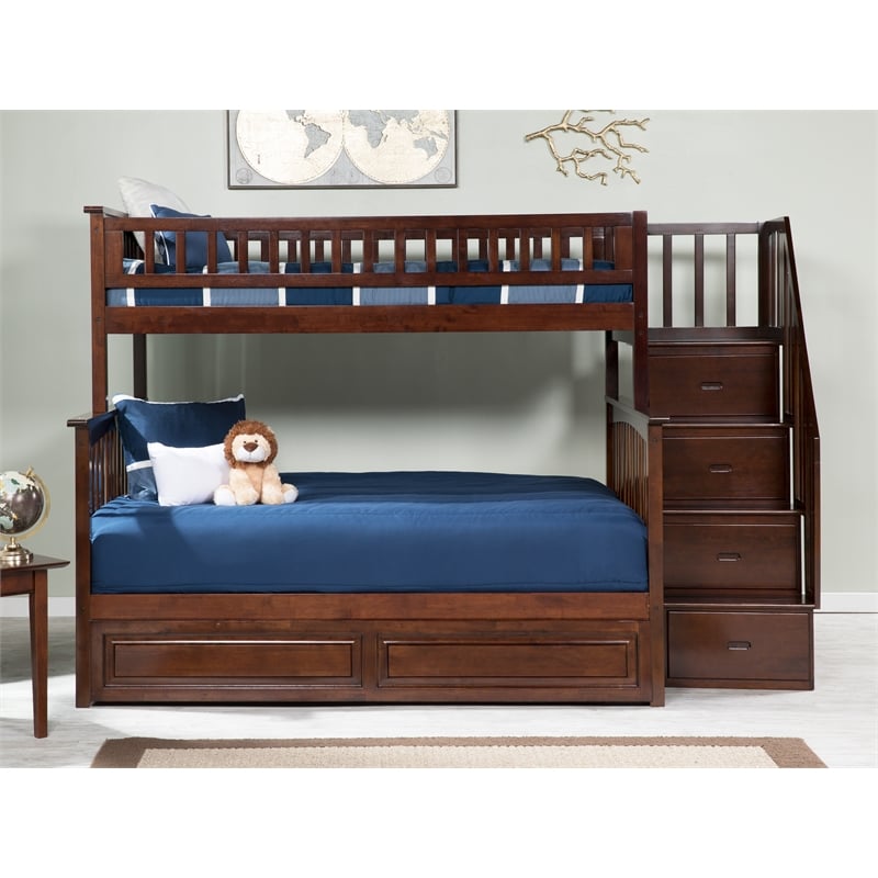 AFI Columbia Twin Over Full Wood Staircase Trundle Bunk Bed in Walnut