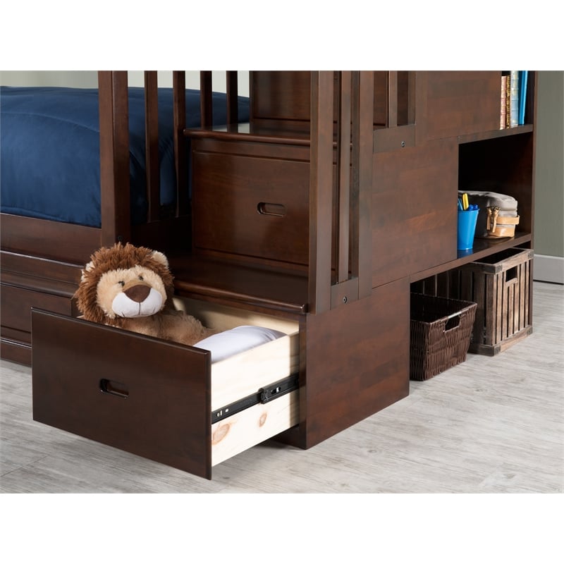 AFI Columbia Twin Over Full Wood Staircase Trundle Bunk Bed in Walnut