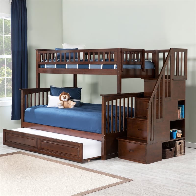 AFI Columbia Twin Over Full Wood Staircase Bunk Bed with Trundle in Walnut