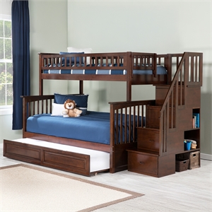 AFI Columbia Twin Over Full Wood Staircase Bunk Bed with Trundle in Walnut