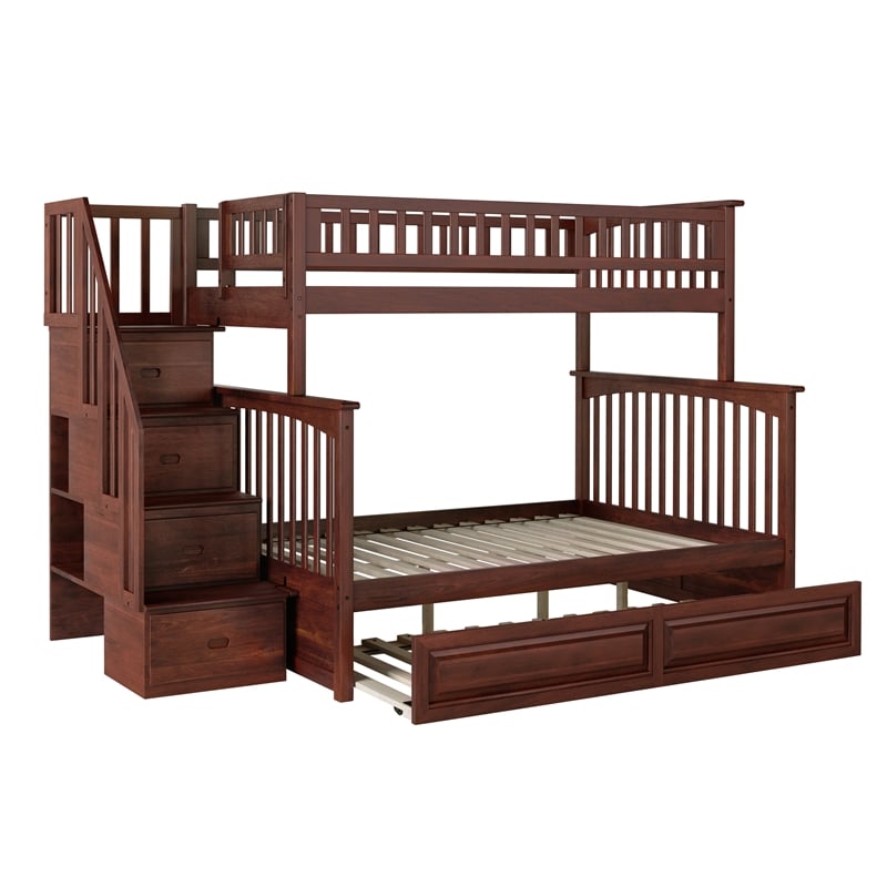 AFI Columbia Twin Over Full Wood Staircase Bunk Bed with Trundle in Walnut