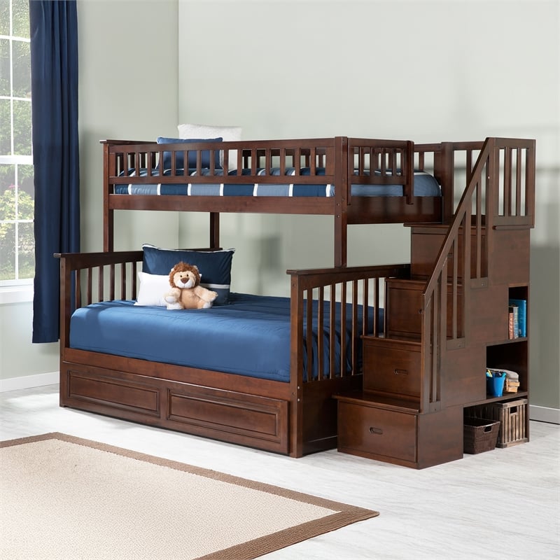AFI Columbia Twin Over Full Wood Staircase Bunk Bed with Trundle in Walnut