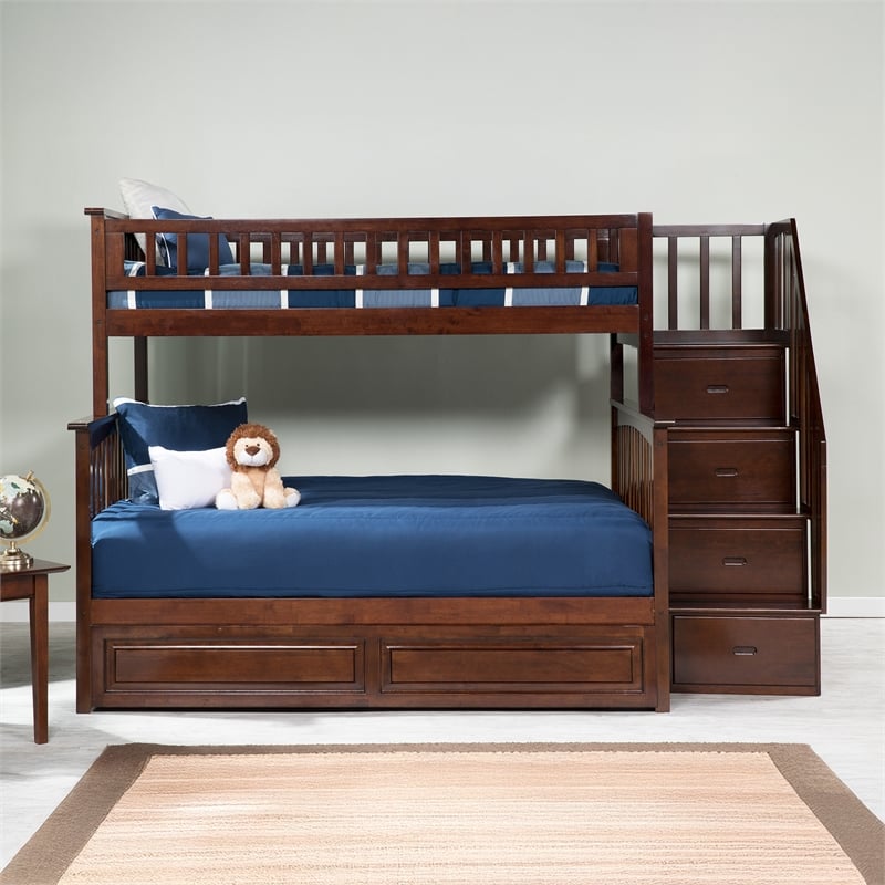 AFI Columbia Twin Over Full Wood Staircase Bunk Bed with Trundle in Walnut
