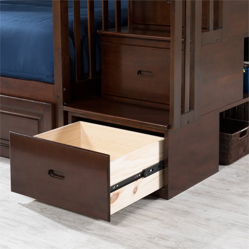 AFI Columbia Twin Over Full Wood Staircase Bunk Bed with Trundle in Walnut