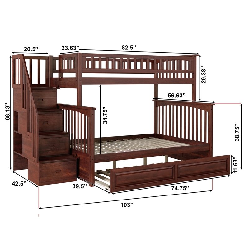 AFI Columbia Twin Over Full Wood Staircase Bunk Bed with Trundle in Walnut