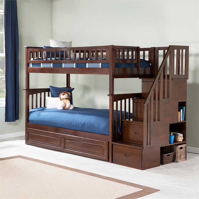 AFI Columbia Twin over Twin Solid Wood Staircase Bunk Bed with Trundle in Walnut