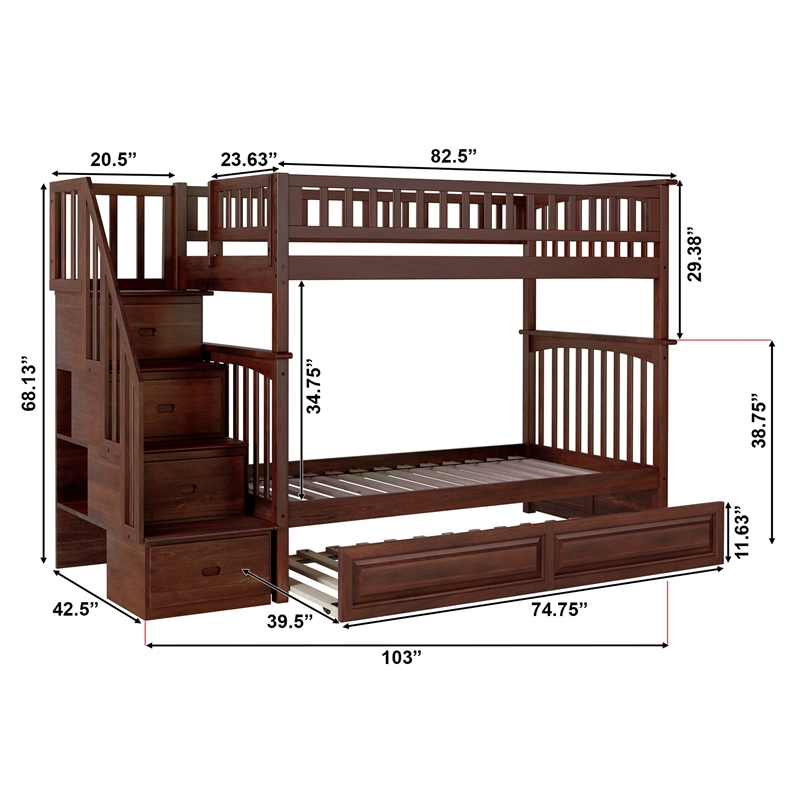 AFI Columbia Twin over Twin Solid Wood Staircase Bunk Bed with Trundle in Walnut