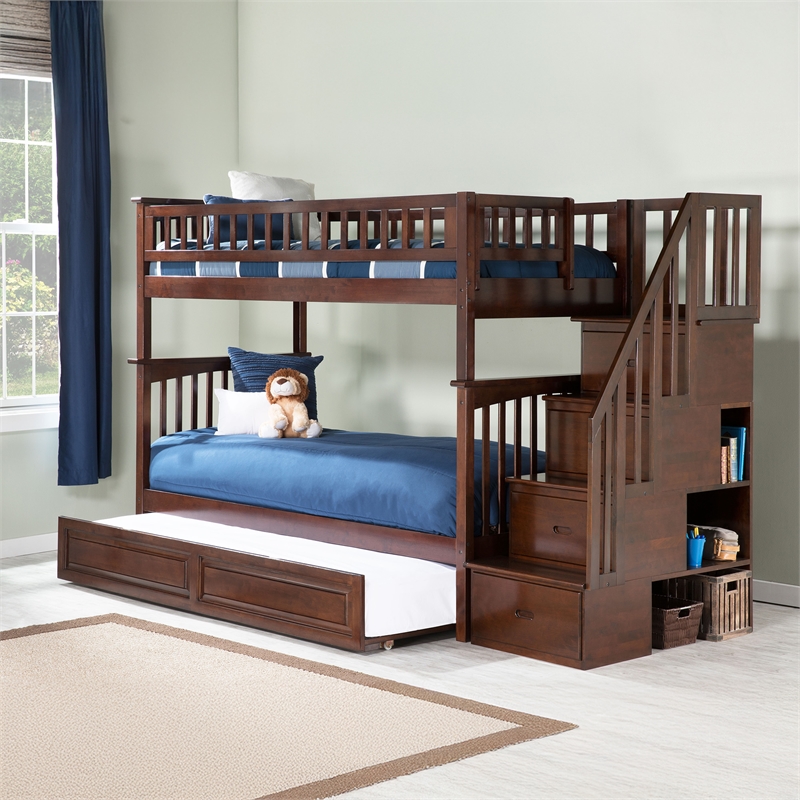 AFI Columbia Twin over Twin Solid Wood Staircase Bunk Bed with Trundle in Walnut