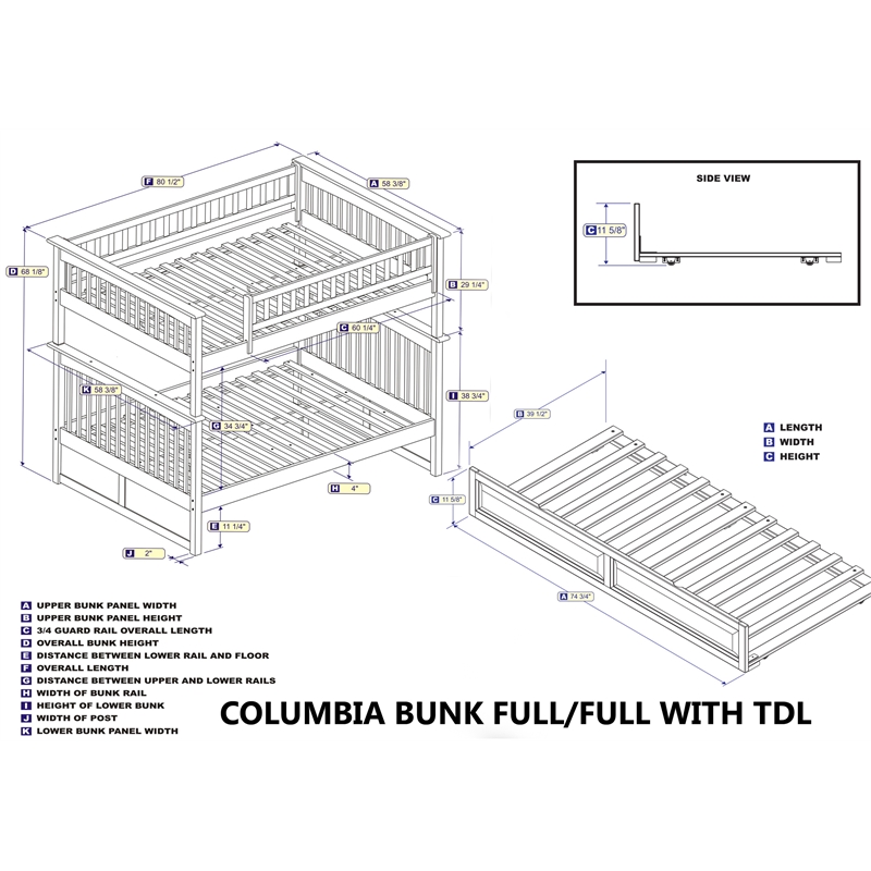 AFI Columbia Full Over Full Solid Wood Bunk Bed with Trundle in White