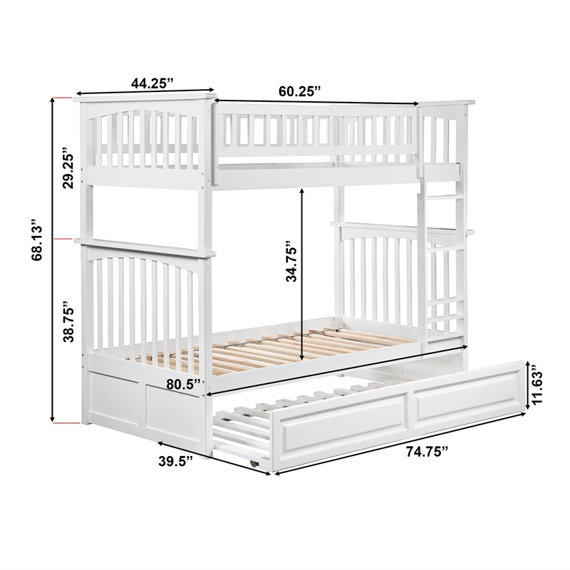AFI Columbia Twin Over Twin Trundle Wood Bunk Bed in White