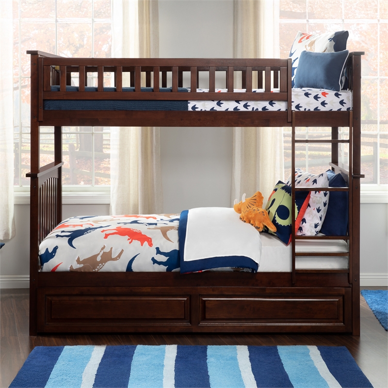 AFI Columbia Twin Over Twin Trundle Wood Bunk Bed in Walnut
