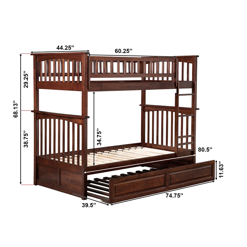 AFI Columbia Twin Over Twin Trundle Wood Bunk Bed in Walnut